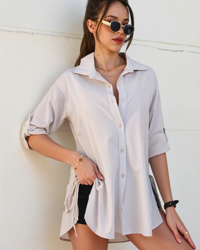 Royalfashion Hosszabb csíkos pamut női ing derékon kötővel