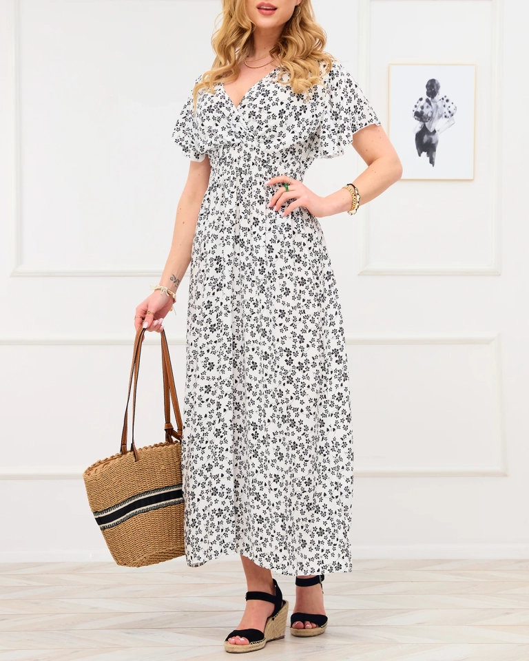 Hosszú fehér női ruha virágmintával - Ruházat