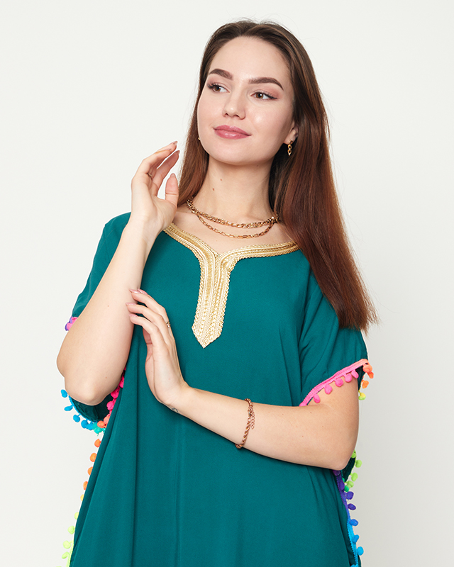 Sötétzöld női nyári strandtunika pomponokkal - Ruházat