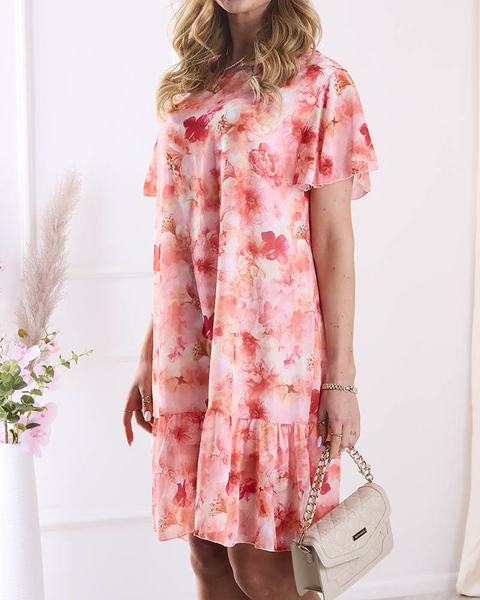 Női térdig érő ruha narancssárga mintával és fodrokkal- Ruházat