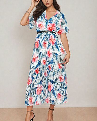 Royalfashion Női pliszírozott virágos midi ruha