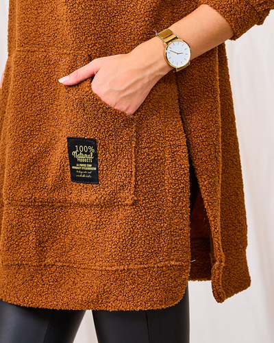 Royalfashion Camel hosszú női pulóver kapucnival