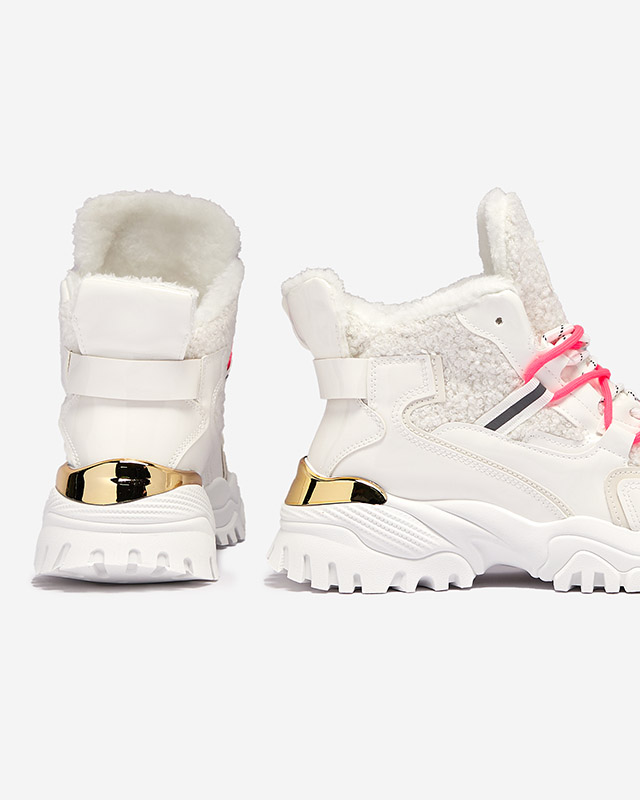 Fehér női sportcipő szőrmével és neonrózsaszín fűzővel Sagglo- Footwear