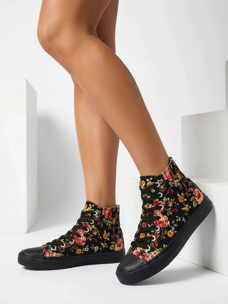Royalfashion Női magas fekete tornacipő virágmintával Fahenna