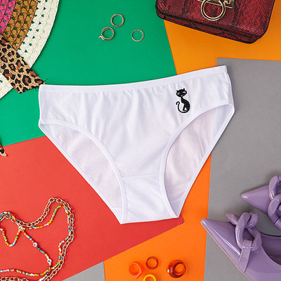 Fehér pamut női nadrág hímzett cicával - Alsónemű