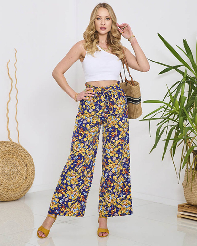 Női kék palazzo nadrág tengerészkék virágokkal- Ruházat