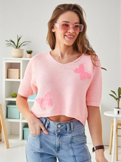 Royalfashion Női Pamut Rövid Pulóver Lepkékkel