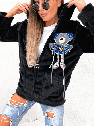 Royalfashion Fekete fleece kék díszes mackóval