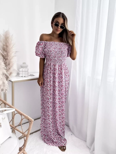 Fehér női midi ruha rózsaszín virágokkal - Ruházat