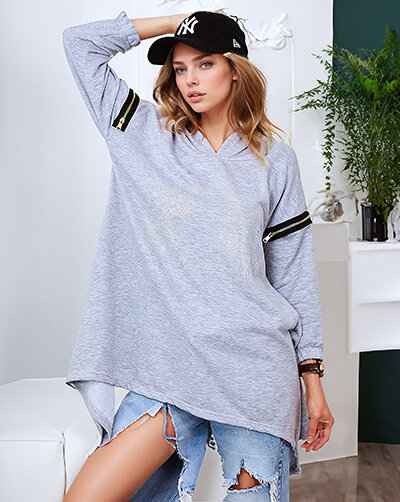 Royalfashion Szürke női oversized pulóver cipzárral