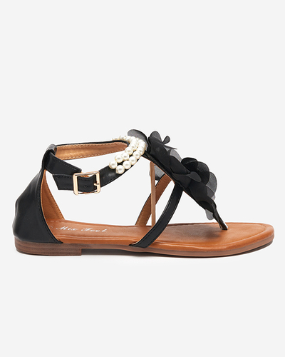 OUTLET Fekete női szandál gyöngyökkel és szövet virággal Amerile - Footwear