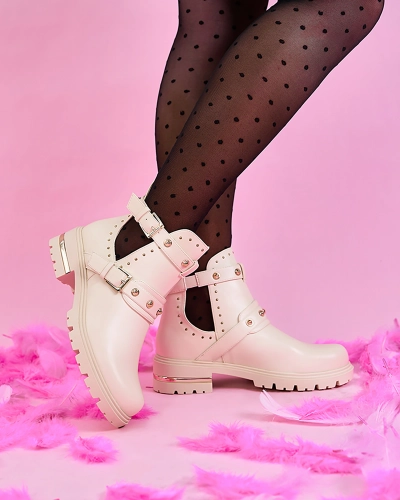 Royalfashion Cream női díszített Jewel Walk lapos sarkú csizma
