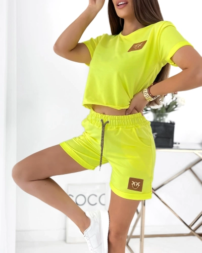 Royalfashion Neonsárga, kétrészes női sport szett foltokkal