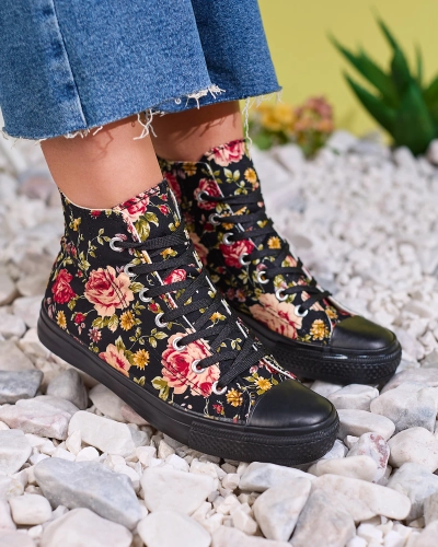 Royalfashion Női magas fekete tornacipő virágmintával Fahenna