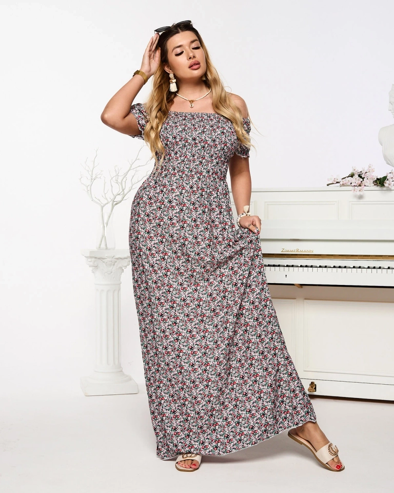 Rózsaszín női maxiruha a'la hiszpanka virágos mintával- Ruházat