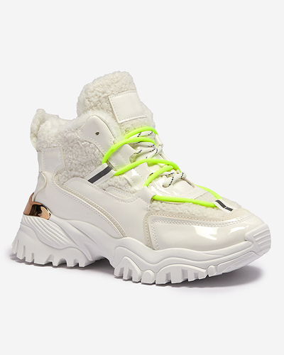 Fehér női sportcipő szőrmével és neonzöld fűzővel Sagglo- Footwear