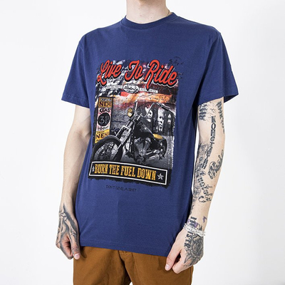 Férfi sötétkék pamut póló színes nyomtatással - Ruházat