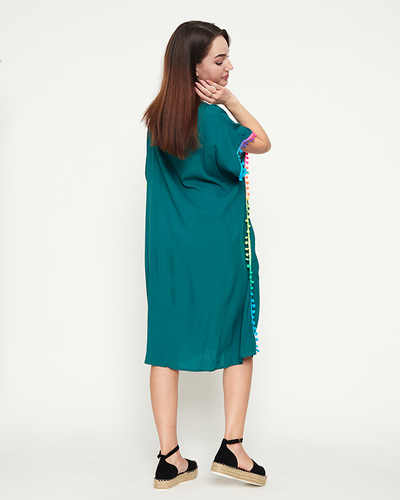 Sötétzöld női nyári strandtunika pomponokkal - Ruházat