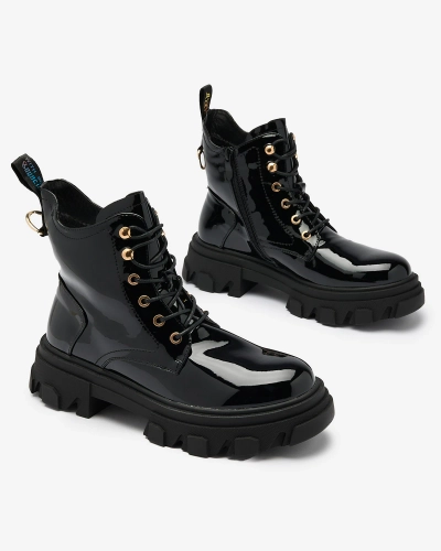 Royalfashion Fekete lakkozott női szigetelt bagger csizma Setogia