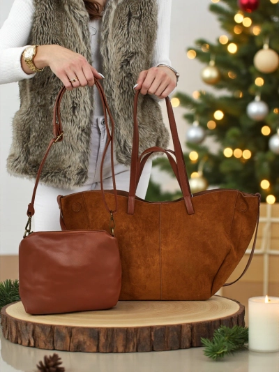 Női shopper táska öko velúr, kisebb öko bőr táskával szettben 2 az 1-ben Elinea