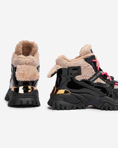 Fekete női sportcipő szőrmével és neonrózsaszín fűzővel Adbo- Footwear