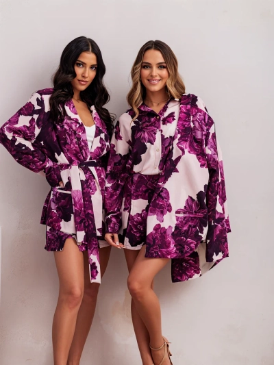 Royalfashion Női virágmintás szett megkötős blézerrel és sorttal