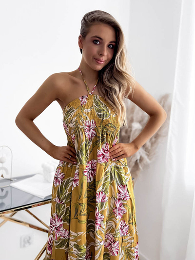 Sárga női midi ruha virágmintával - Ruházat
