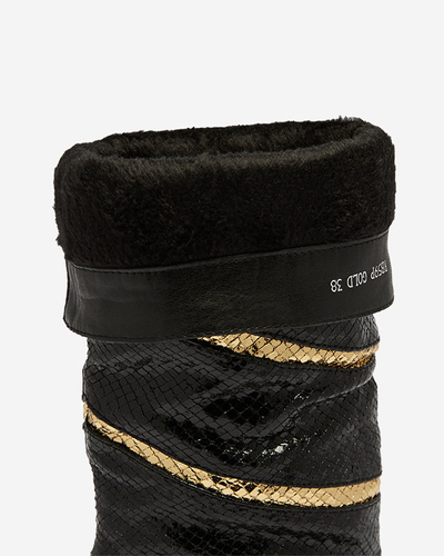 Fekete-arany női tűsarkú csizma dombornyomott csíkokkal Felifea- Lábbeli