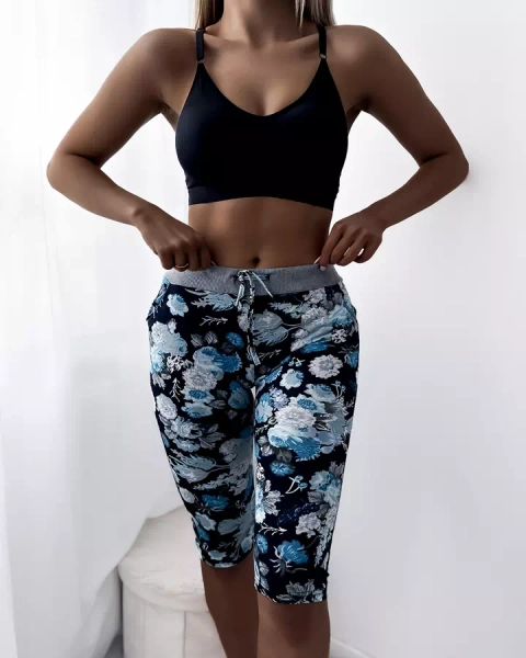 Sötétkék női 3/4 hosszúságú virágmintás rövidnadrág - Ruházat