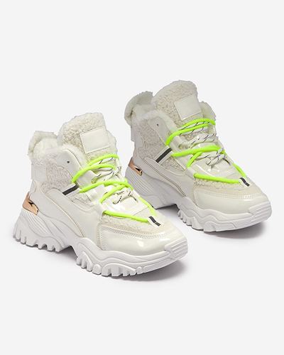 Fehér női sportcipő szőrmével és neonzöld fűzővel Sagglo- Footwear