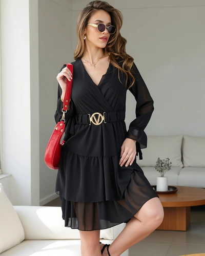 Royalfashion Női mini ruha fodrokkal és átkötős nyakkal