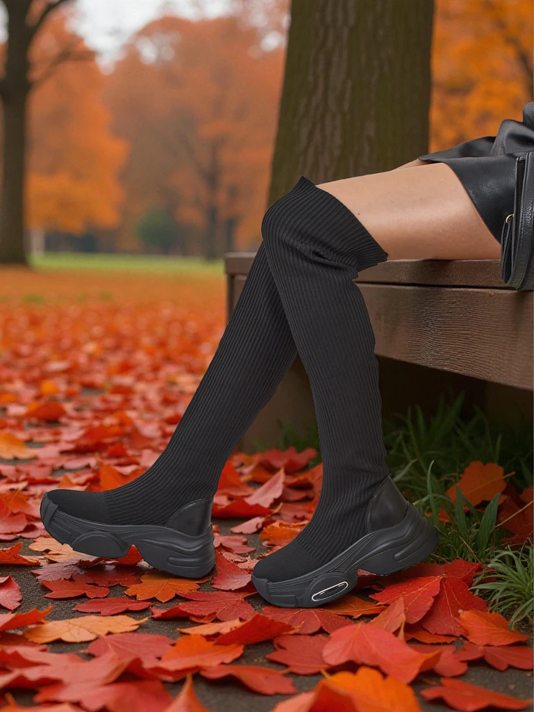 Hosszú női felbújós combcsizmák vastagabb talppal Ravmora