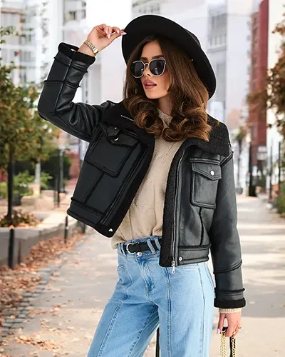 Royalfashion Női öko bőr dzseki szőrrel, fekete színben