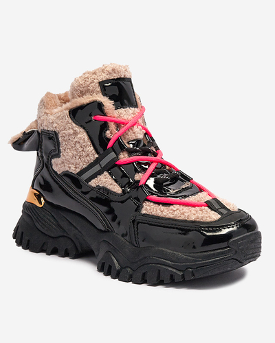 Fekete női sportcipő szőrmével és neonrózsaszín fűzővel Adbo- Footwear