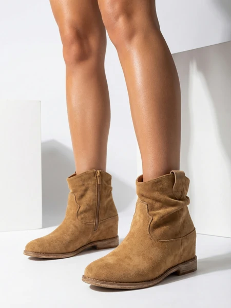 Athena Camel Bőr Velúr Elegáns Női Bokacsizma