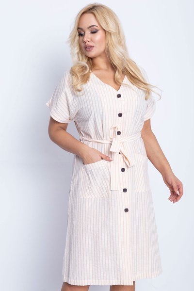 Beżowa sukienka w paski PLUS SIZE - Odzież