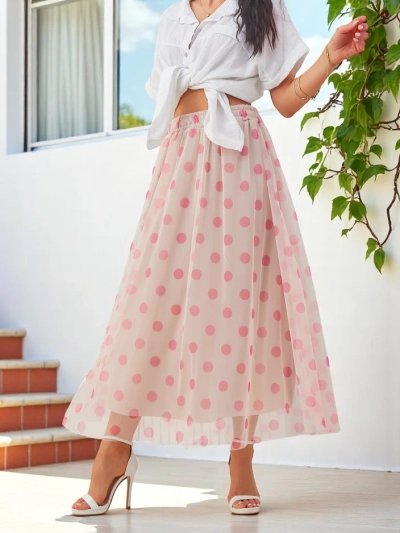 Royalfashion Női viszkóz midi szoknya pöttyös tülllel