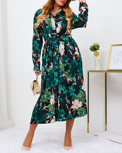 Royalfashion Fekete és zöld mintás női maxiruha