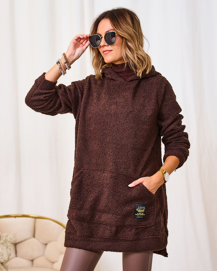 Royalfashion Sötétbarna női hosszú pulóver kapucnival