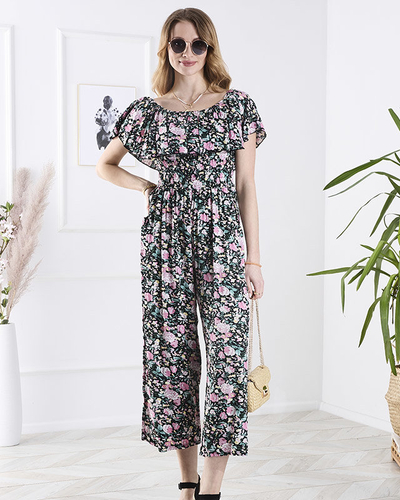 Fekete és rózsaszín hosszú, virágmintás női kezeslábas - Ruházat