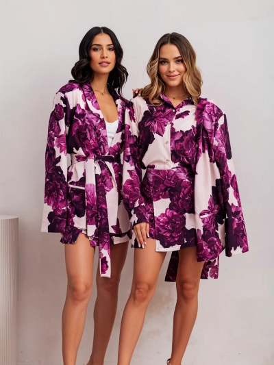 Royalfashion Női virágmintás szett megkötős blézerrel és sorttal