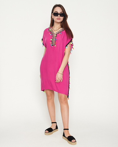 Női rózsaszín nyári strandtunika rojtokkal - Ruházat