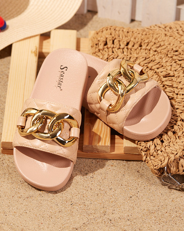 OUTLET Női bézs steppelt papucs arany lánccal Eteris - Lábbeli