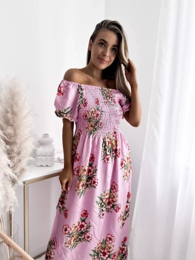 Női rózsaszín, virágmintás midi ruha - Ruházat