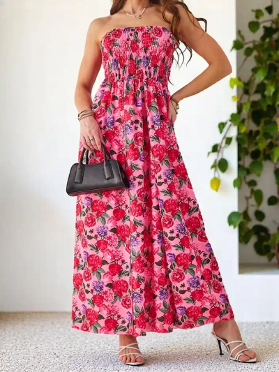 Royalfashion Mintás női midi ruha ujj nélkül, széles gumiszalaggal és hasítékokkal az alján