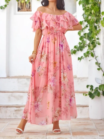 Royalfashion Női V-nyakú ruhája rövid ujjakkal, vegyes virágmintával