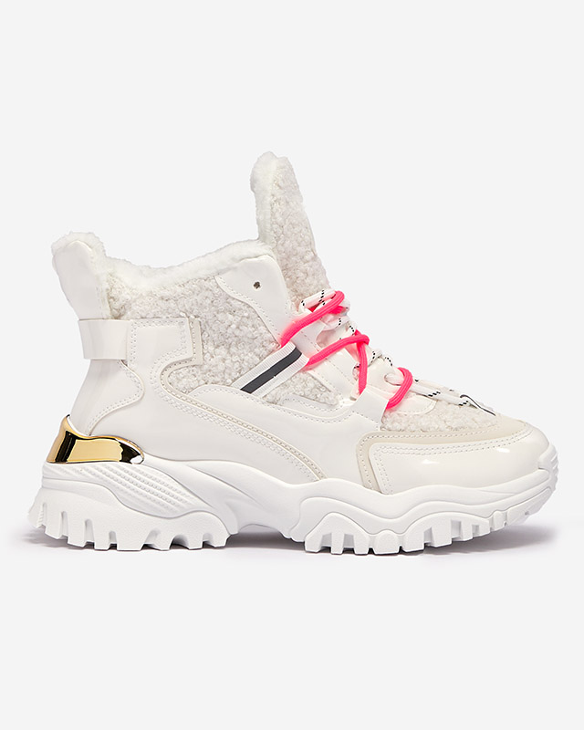 Fehér női sportcipő szőrmével és neonrózsaszín fűzővel Sagglo- Footwear