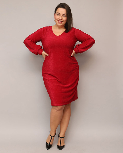 Royalfashion Csillogó női ruha térd előtt piros színben PLUS SIZE