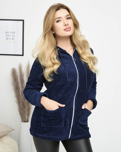Női sötétkék plüss kapucnis pulcsi - Ruházat