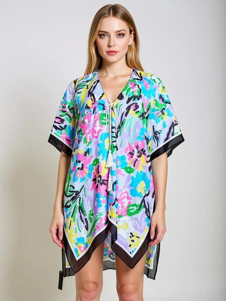 Pareo Royalfashion Kalista – színes, térdig érő strandruha V-nyakkal